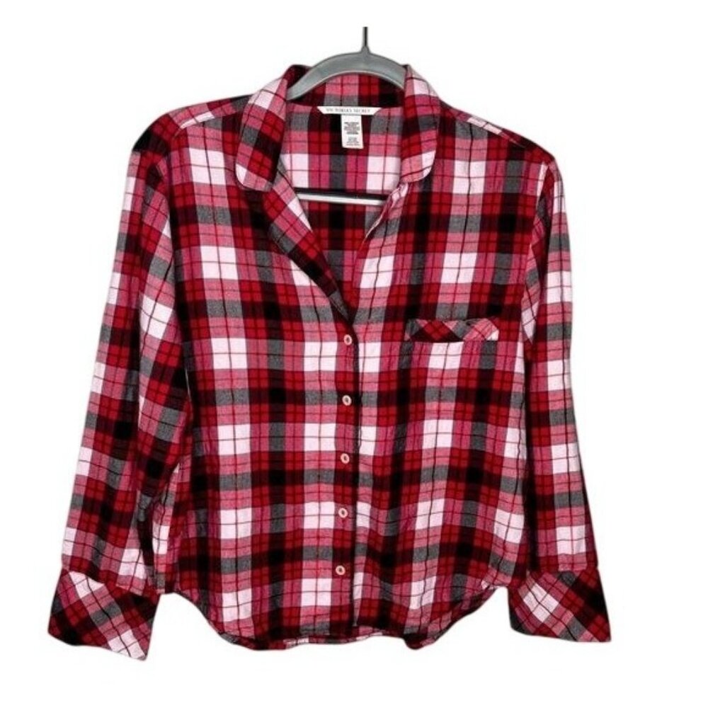 Victorias Secret Womens Plaid Button-Up Shirt Red &amp; Black Cotton/Viscose Sma
